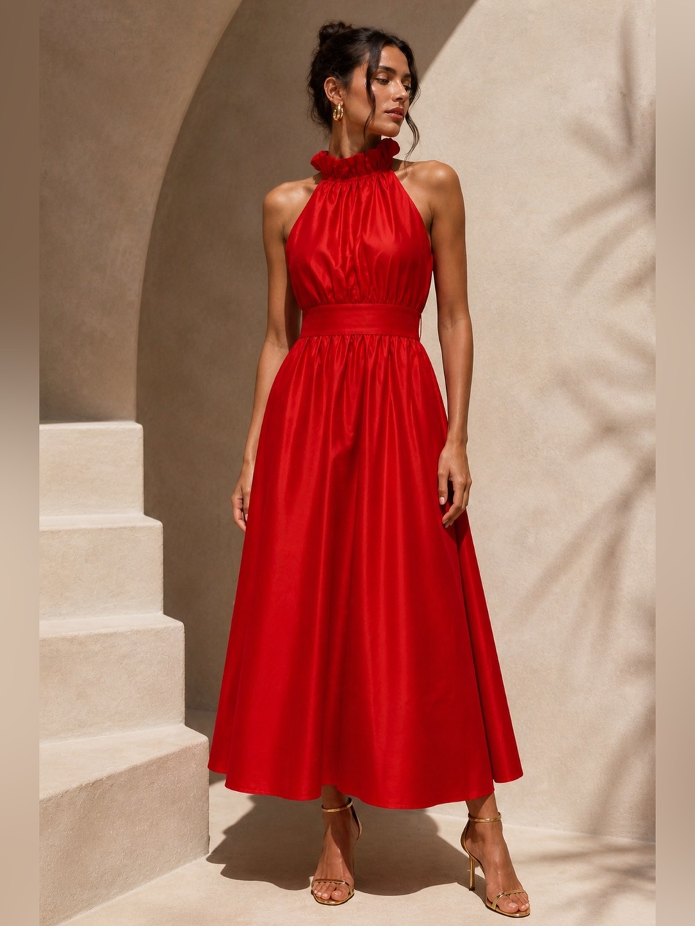 Banana Republic Red Halter Midi Dress Petite 0 NWT Satin Fit & Flare Ruffle Neck